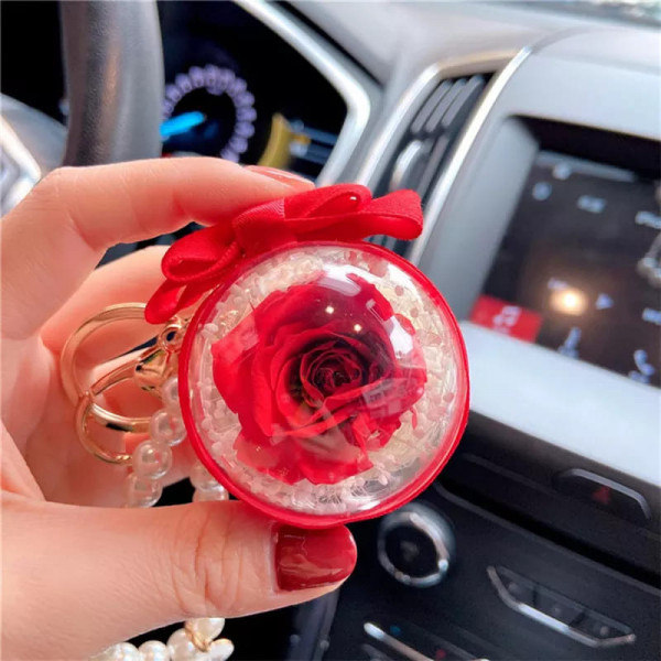 Preserved Rose Flower Acrylic Ball Key Chain