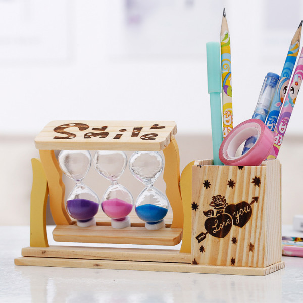 Wooden Pen Holder And Hourglasses Decoration
